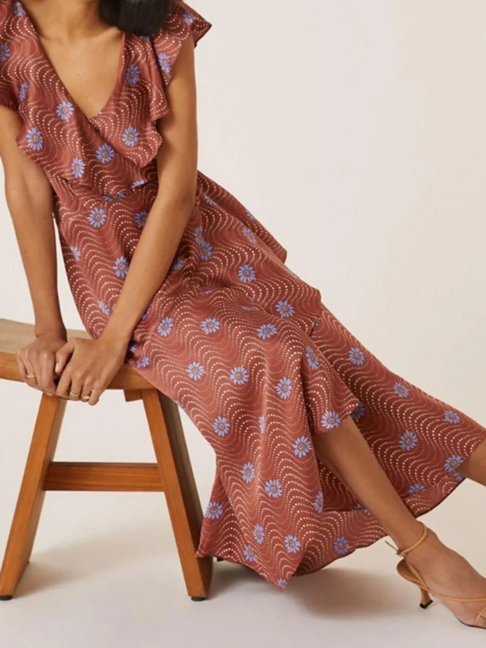 Anthropologie Brown Ruffle-Sleeve Printed-Wrap Maxi Dress Size XXSP 38430